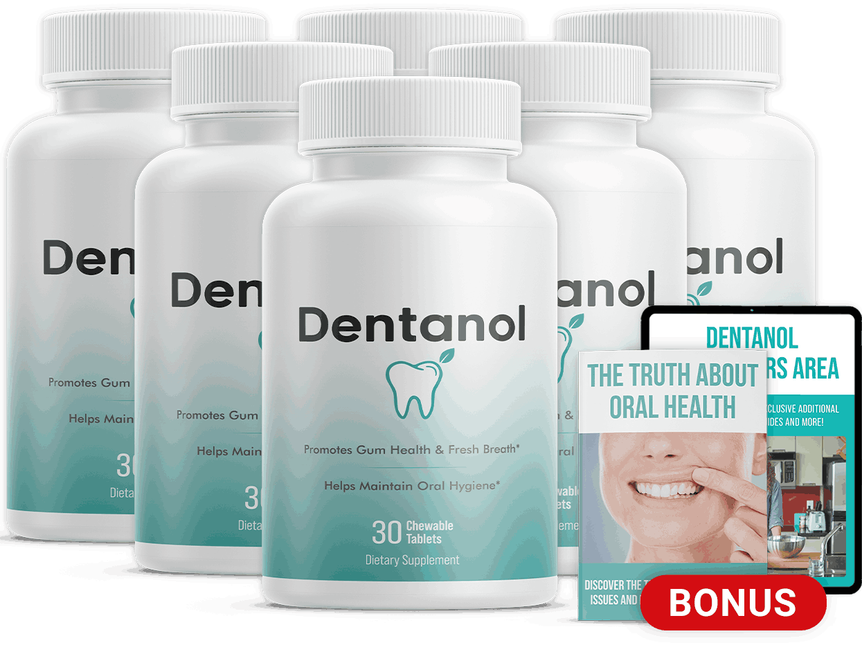 Dentanol probiotic oral health supplement bottles with wellness guide